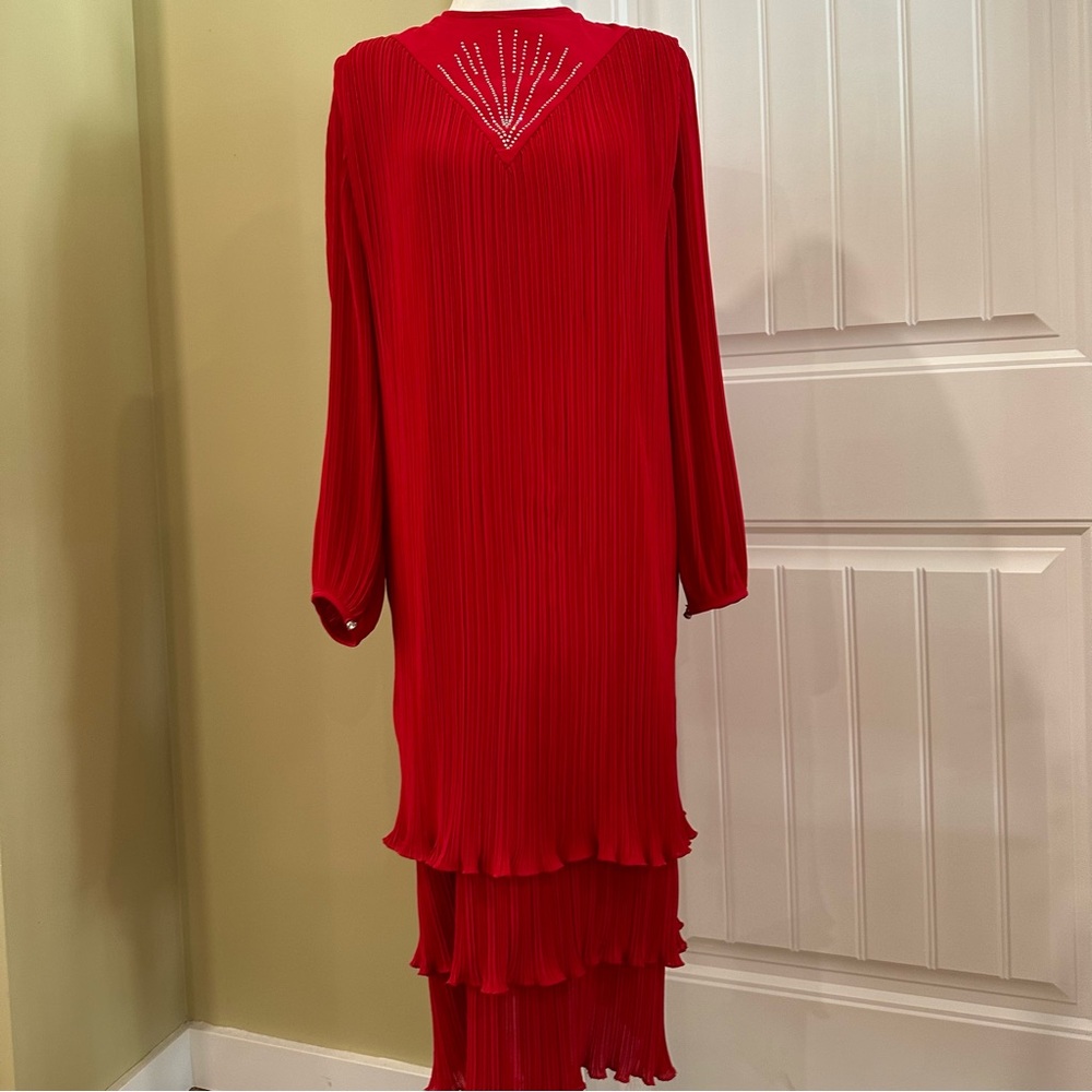Farouche Red Pleated Chiffon Layered Rhinestone Dress Size 9 Large